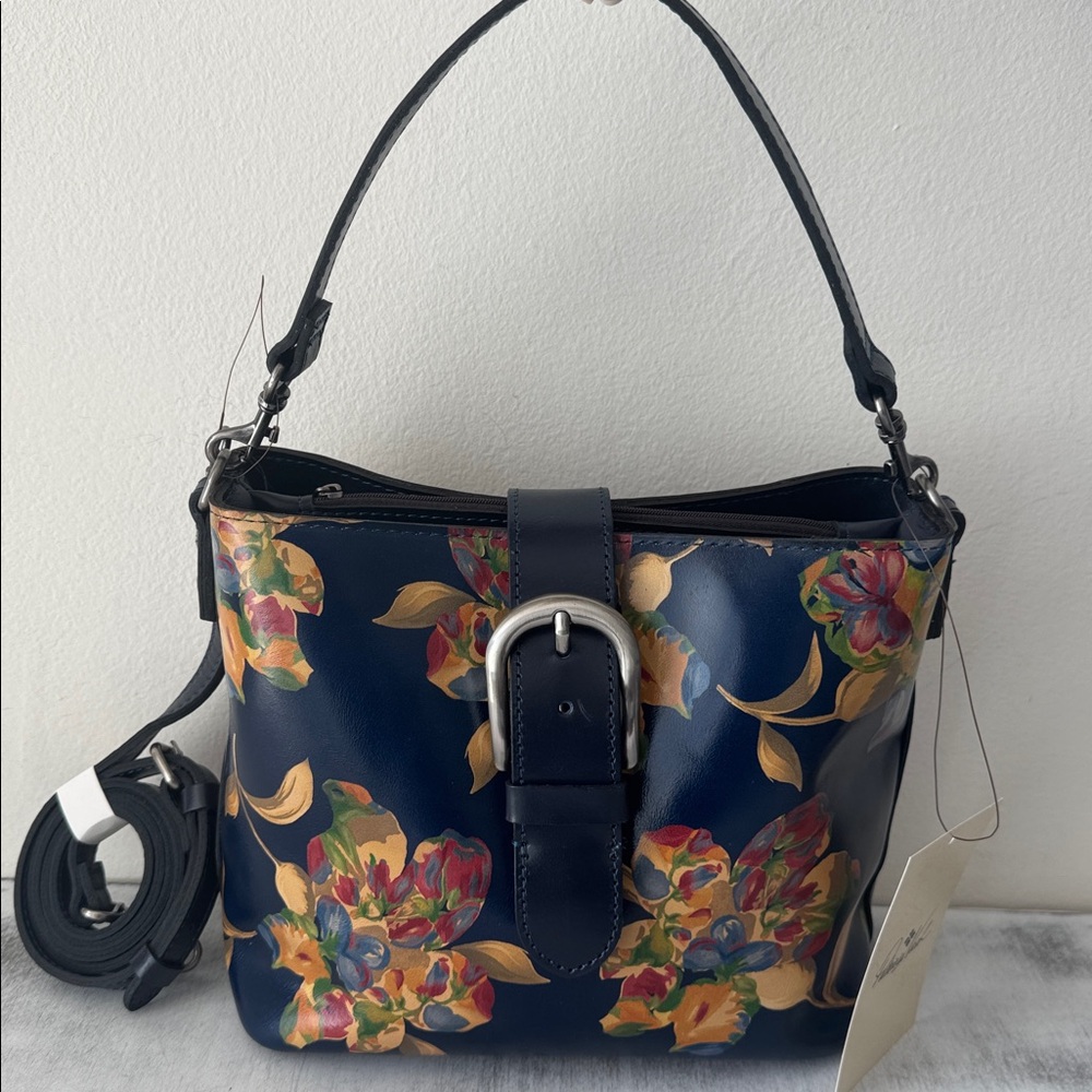 Patricia Nash Irving Bucket Crossbody Bag Distress Le Fleur Leather Black Blue - Picture 6 of 13